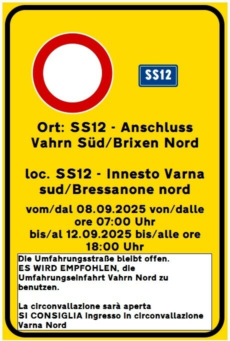 AKTUALISIERUNG! Straßensperrung am Mittelanschluss Vahrn – Gemeinde informiert
